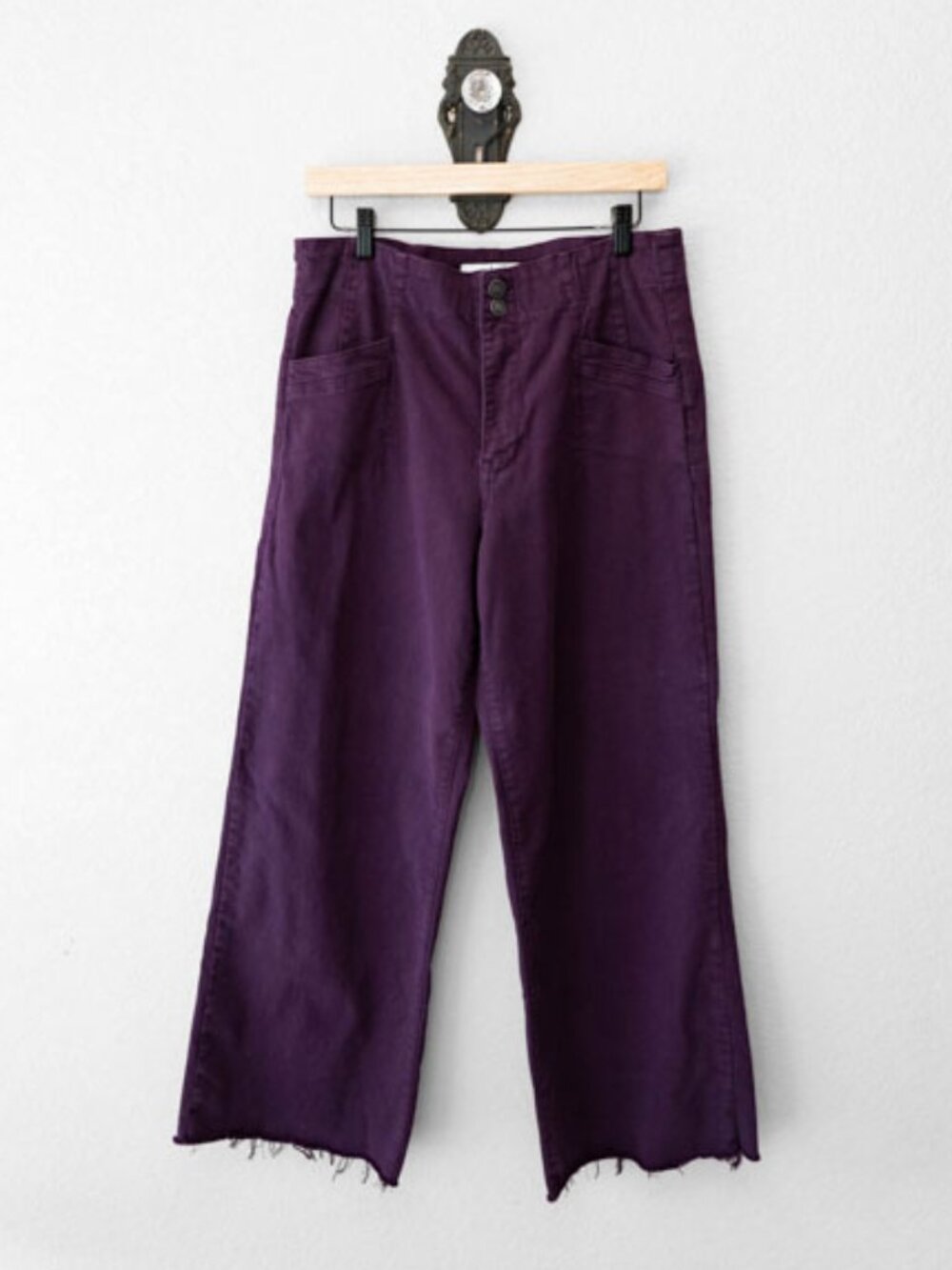 Mica Purple Wide Leg Pants Womens 31 Raw Hem Stretch High Rise Cropped Denim